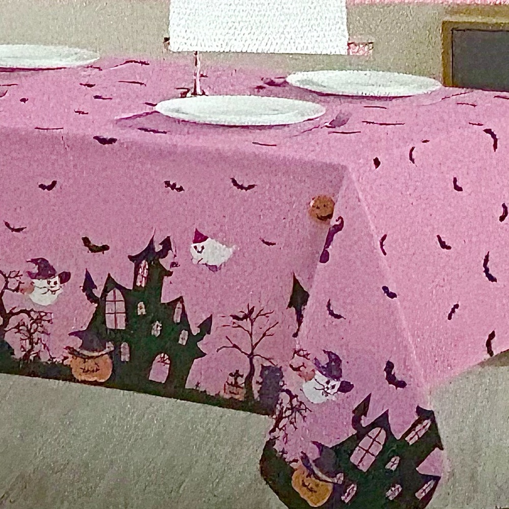 Isaac Mizrahi HALLOWEEN Haunted Houses Pink & Black Tablecloth 60x84 Ghosts Bats